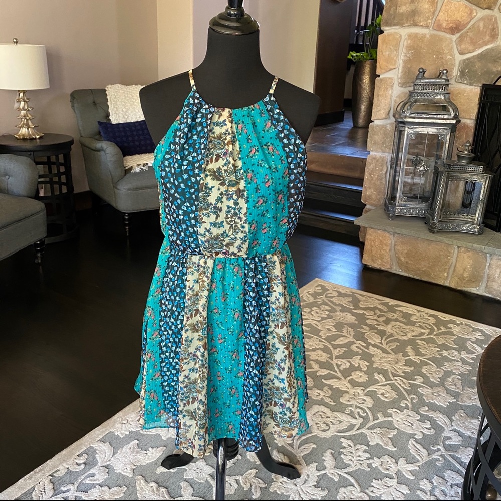 A. byer Blue Floral Boho Halter Dress - Women's Medium